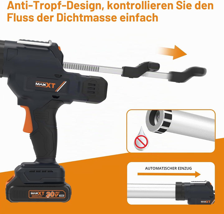 MAXXT Elektro-Dichtungsspritze für 600 ml-Kartuschen, 20V Silikonspritze mit 2000 mAh Akkus zum Dich