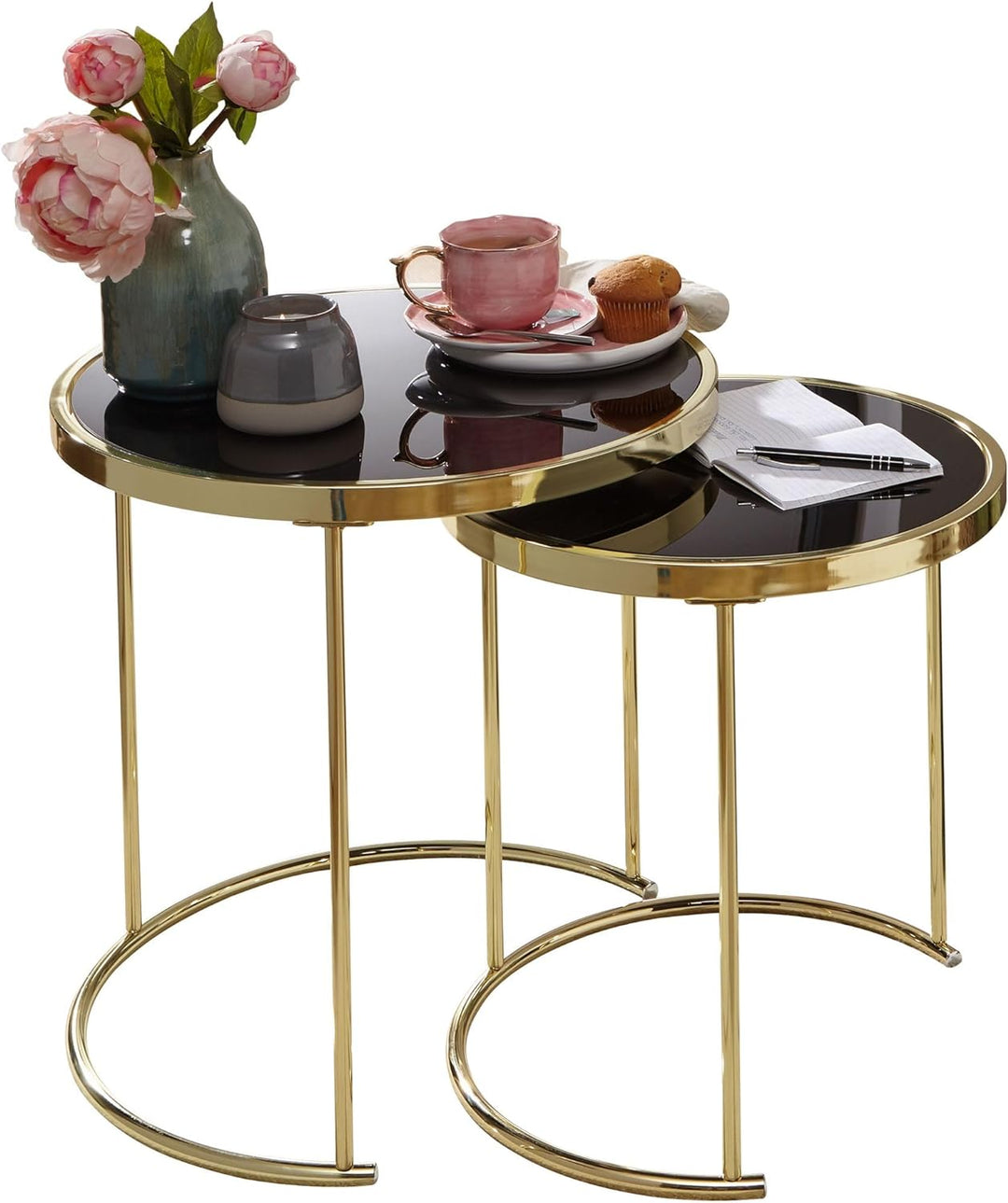 FineBuy Design Satztisch Como schwarz/Gold Beistelltisch Metall/Glas | Couchtisch Set aus 2 Tischen