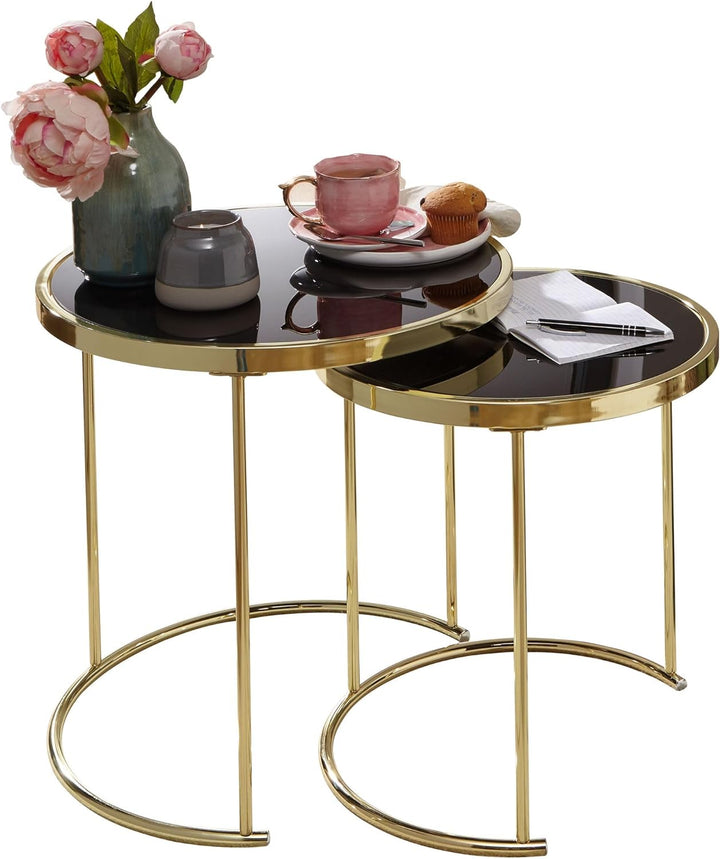 FineBuy Design Satztisch Como schwarz/Gold Beistelltisch Metall/Glas | Couchtisch Set aus 2 Tischen