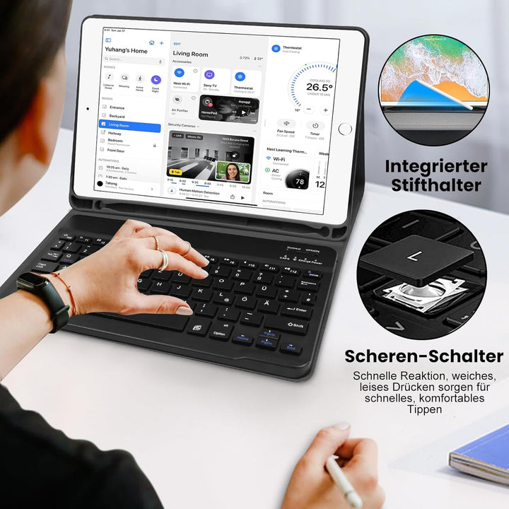 YUEJIDZ Tastatur Hülle für iPad 9.7 2018 (6. Generation)/5. Generation 2017, iPad Air 2 & 1, Magneti