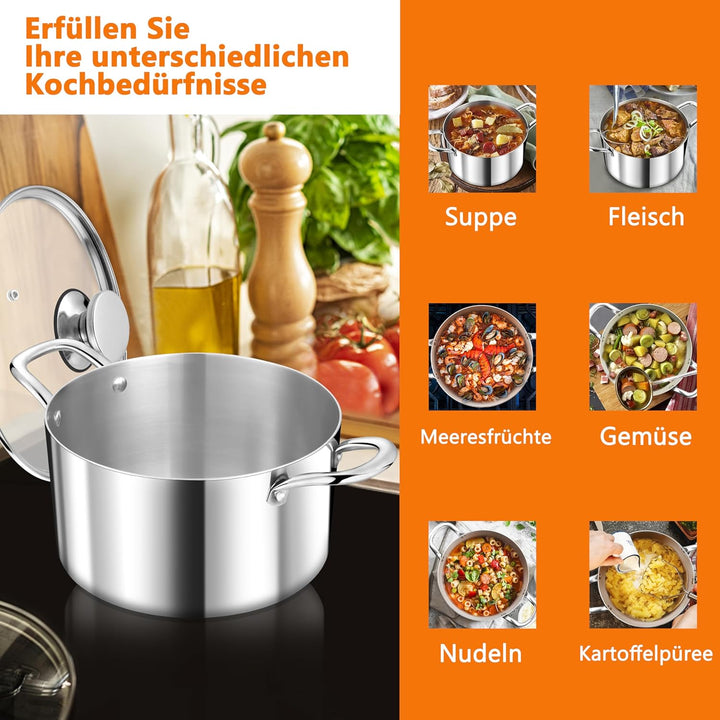 TEAMFAR Kochtopf, 3-Lagen Edeastahl 22cm Topf Induktion mit Glasdeckel, 4,75L Nudeltopf Fleischtopf
