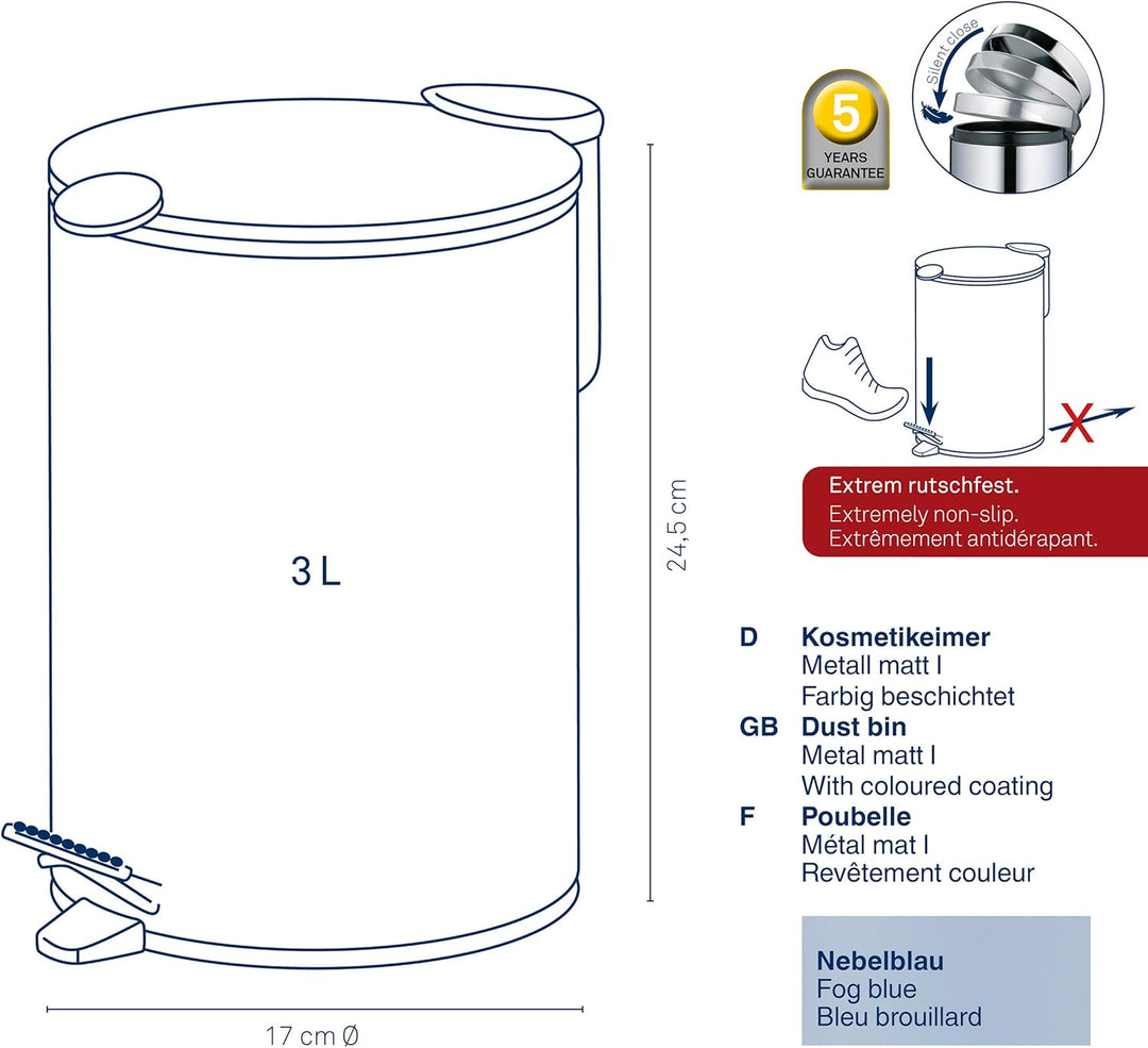 kela Kosmetikeimer 3l blau matt, Silent-Close-Deckel, Tretmülleimer Badezimmer MATS, Badmülleimer mi