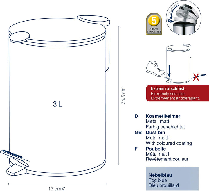 kela Kosmetikeimer 3l blau matt, Silent-Close-Deckel, Tretmülleimer Badezimmer MATS, Badmülleimer mi