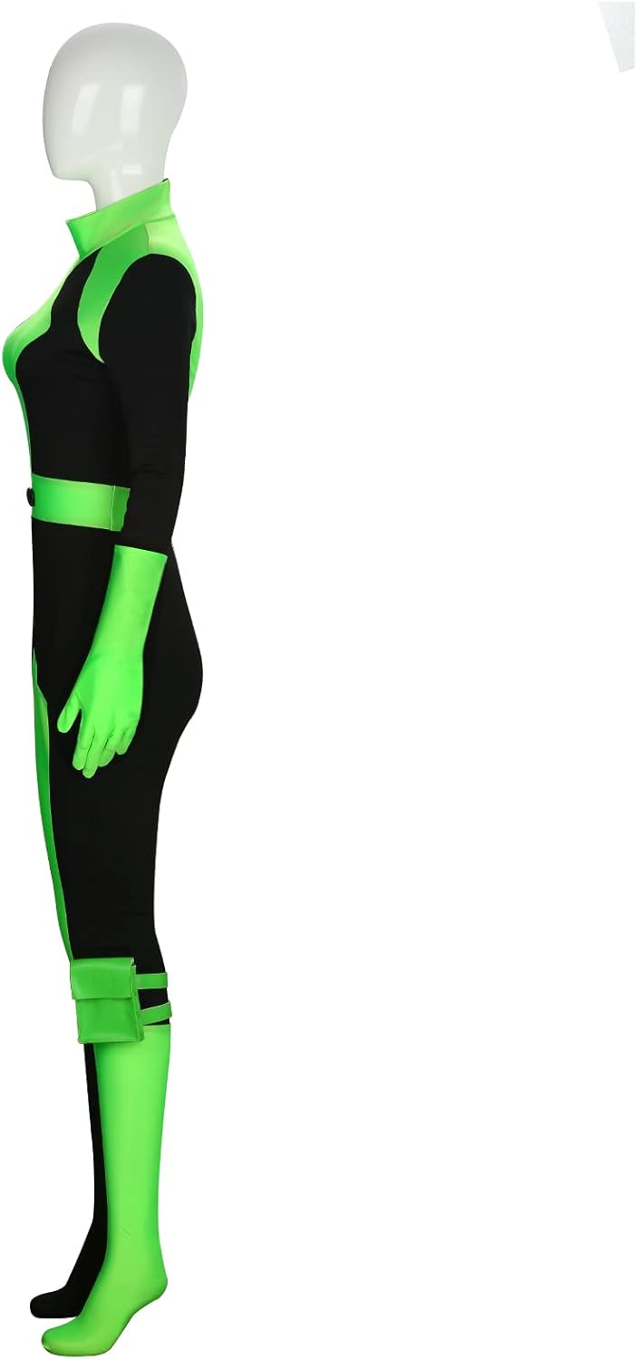 Funhoo Damen Shego Cosplay Kostüm Bodysuit Jumpsuit mit Handschuhen Beinbeutel Grün und Schwarz Frau
