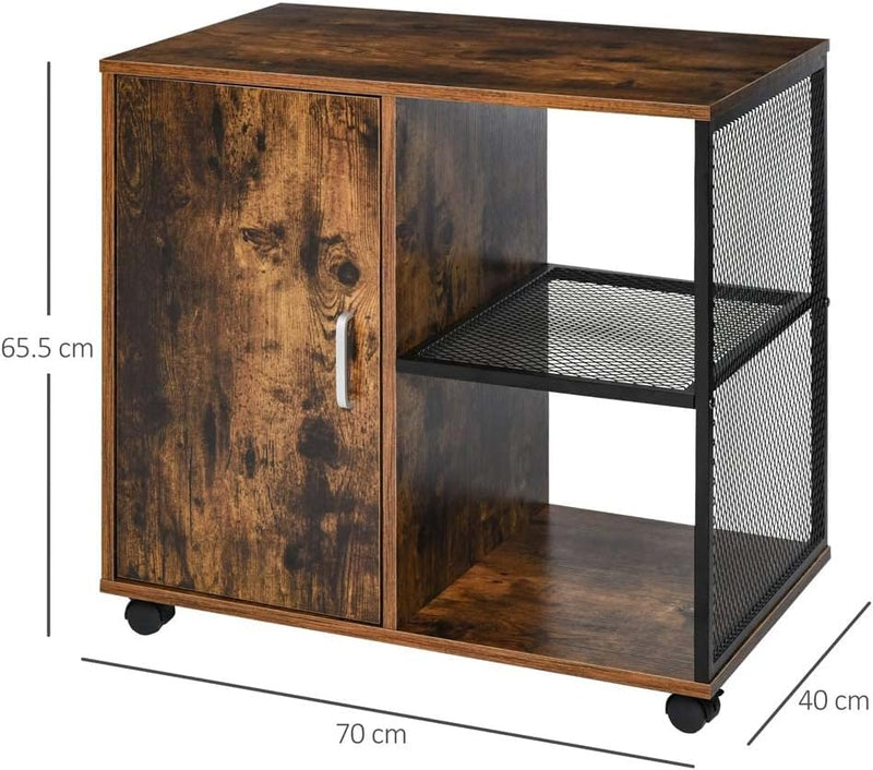 BAKAJI Druckerschrank aus MDF und Metall, 3 Etagen + Tür, modernes Design, Holzwerkstoff, Schwarz, M