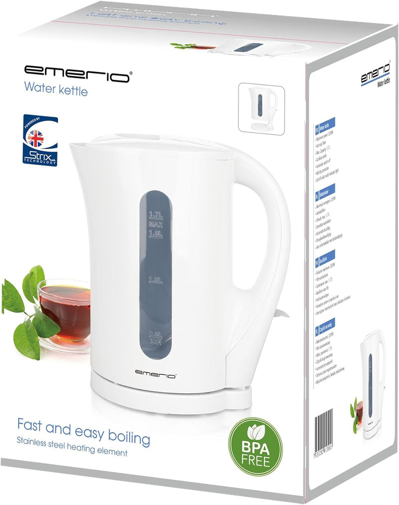 Emerio Wasserkocher BASIC | Kunststoff BPA frei | 1.7L Volumen mit beleuchtetem Ein-/Aus-Schalter |