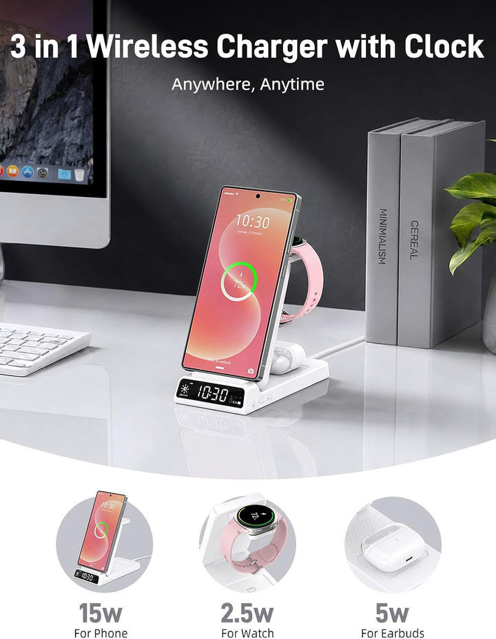 Wireless Charger für Samsung Ladestation 3 in 1 mit Uhr für Samsung Galaxy S26/S25/Z Fold 7/Flip 7/B
