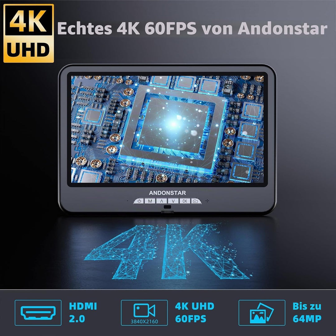 Andonstar 4K 60FPS 10,1 Zoll HDMI Digitalmikroskop zum Löten, 64MP 3840P UHD Video Audio Aufnahme, A