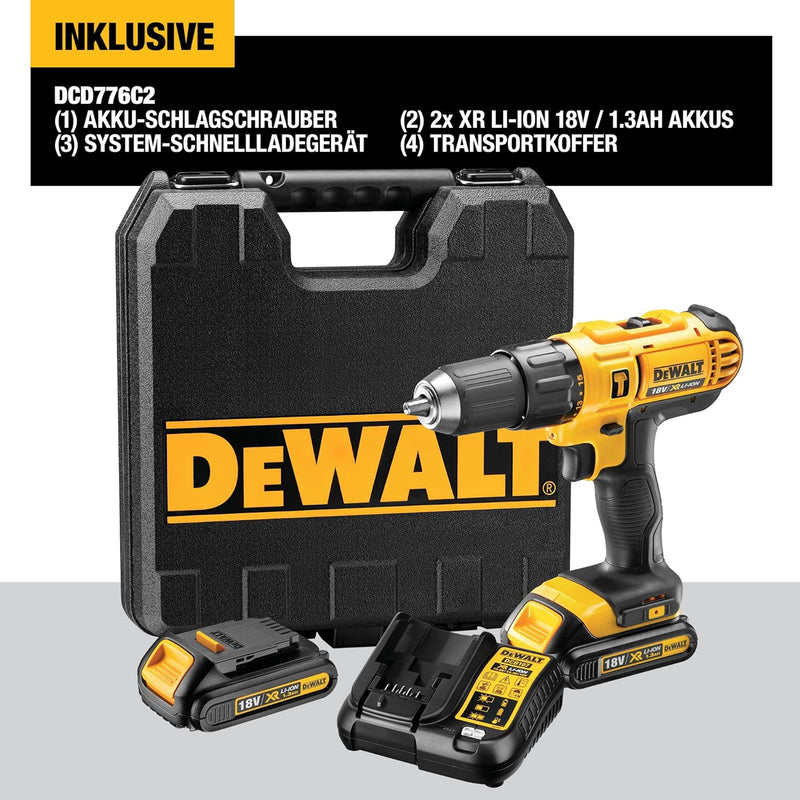 DeWalt XR Akku-Schlagbohrschrauber DCD776C2 – Schlagbohrer mit 2-Gang-Vollmetallgetriebe & LED-Licht