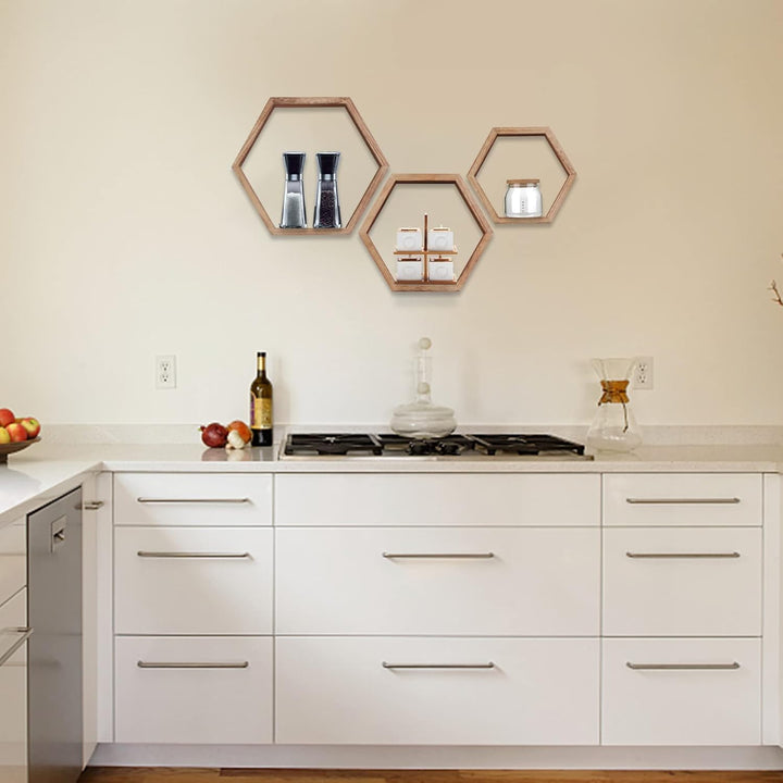 MITREL Hexagon Wandregal, Wohnzimmer Deko Wand, Holz Hängeregal für Schlafzimmer, 3er-Set(Karbonisie