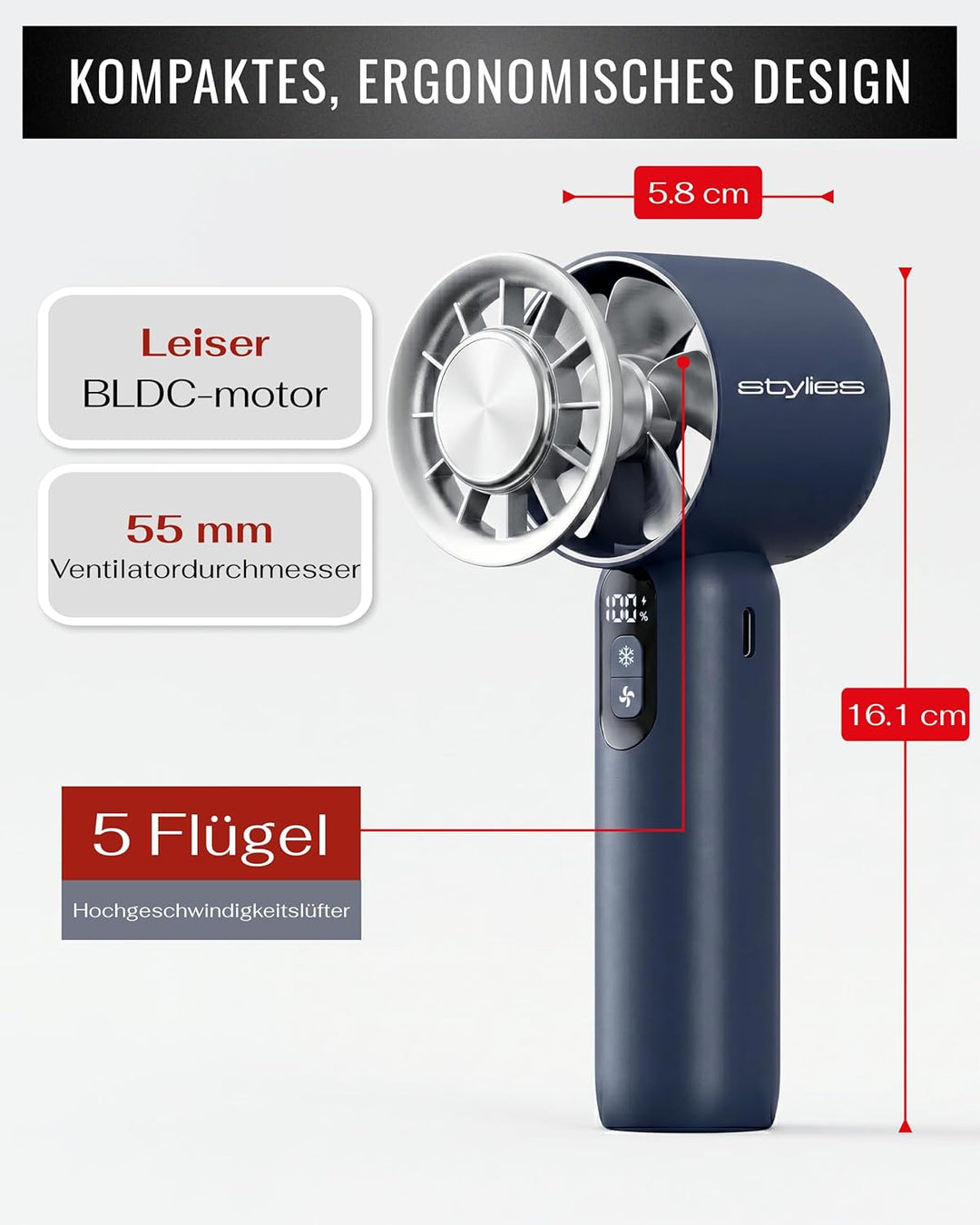 Premium Handventilator Akku aufladbar, Mini Ventilator für die Hand mit Kühlplatte, Akku Ventilator