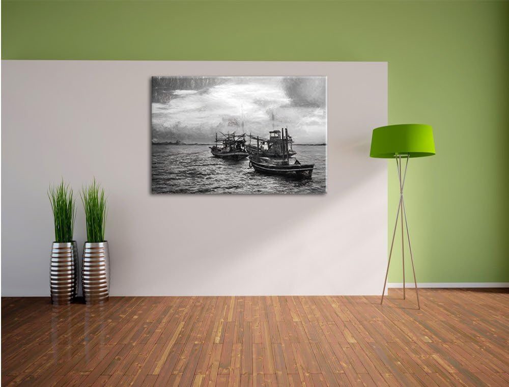 Pixxprint thailändische Fischerboote im Meer Kunst Kohle Effekt, Format: 100x70 auf Leinwand, XXL ri