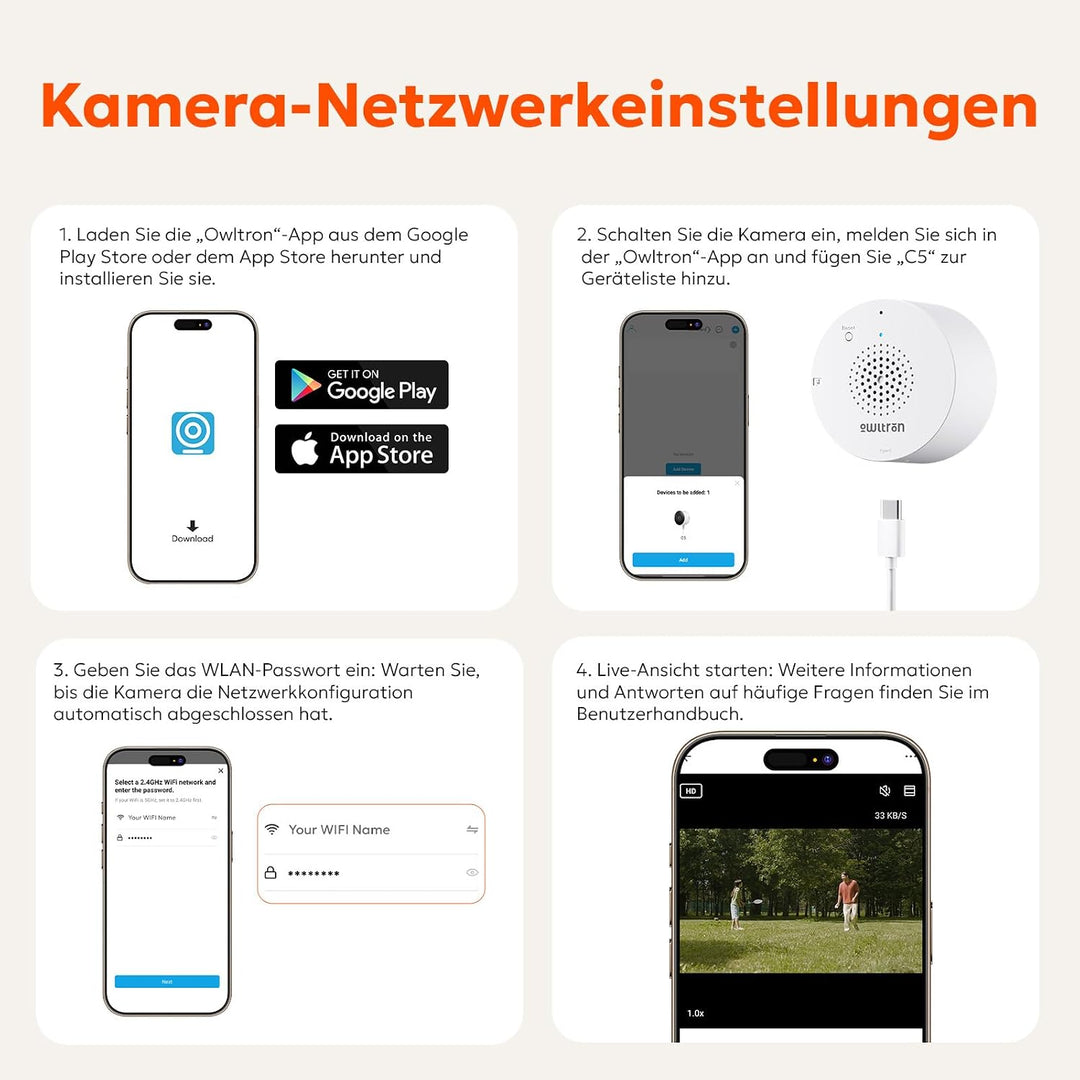 owltron Fensterkamera mit Halterung 2,4 GHz & 5 GHz Dual-Band, 3MP 2K Innenkameras mit KI-Farbnachts