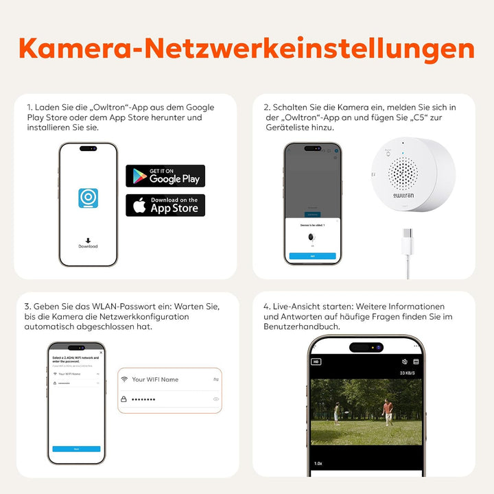owltron Fensterkamera mit Halterung 2,4 GHz & 5 GHz Dual-Band, 3MP 2K Innenkameras mit KI-Farbnachts
