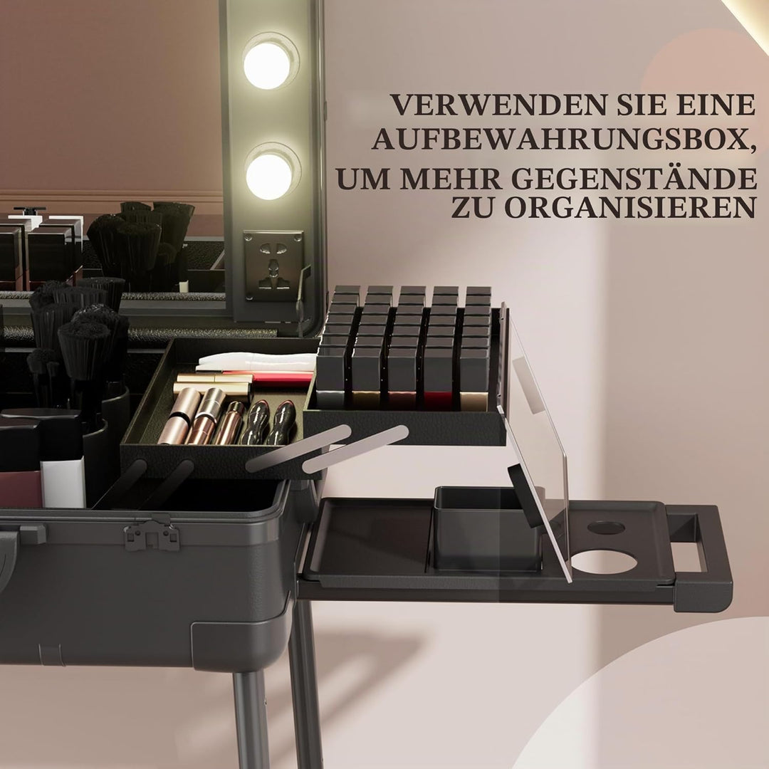 Make-up-Koffer mit Rollen aus Aluminium, grosser Spiegel mit 6 Glühbirnen, Organisation von Kosmetik
