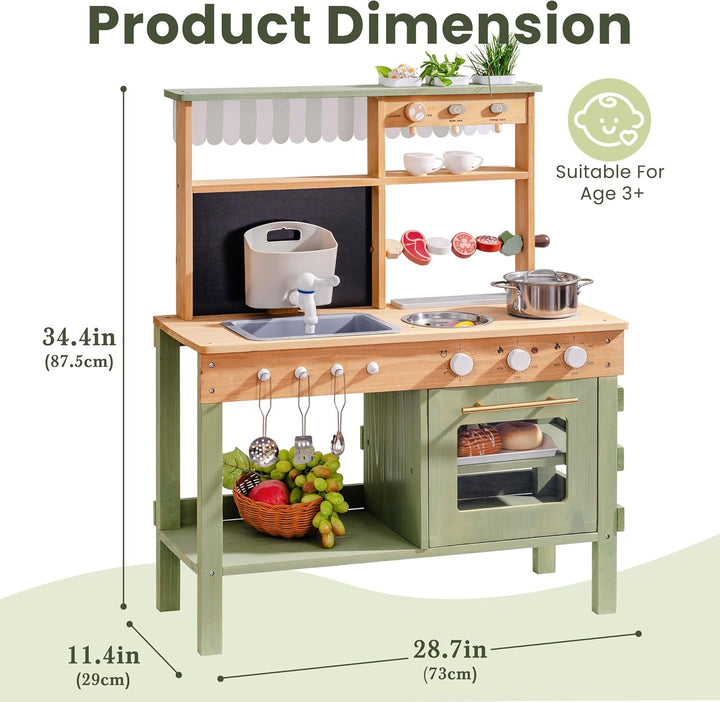 ROBUD Hölzerne Matschküche für Kinder, 17 PCS Pretend Play Kitchen Set mit Wasserspüle, Tafel & Küch