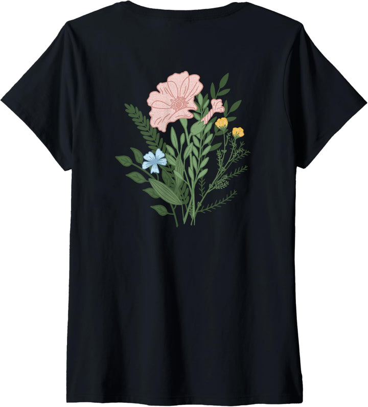 Damen Trendy Be Kind To One Another Flower Bouquet Front & Back T-Shirt mit V-Ausschnitt