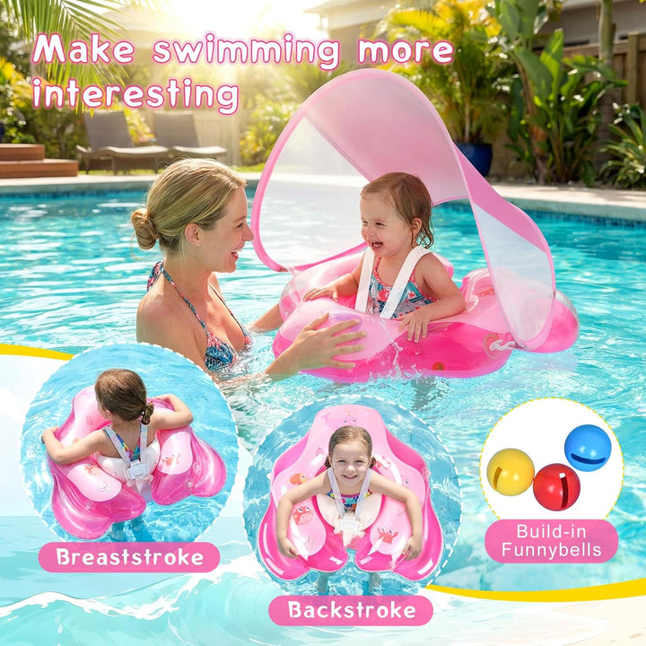 Baby Schwimmring mit abnehmbarem Sonnenschutz und Glöckchen, inklusive 1 x Handpumpe und 2 x Reparat