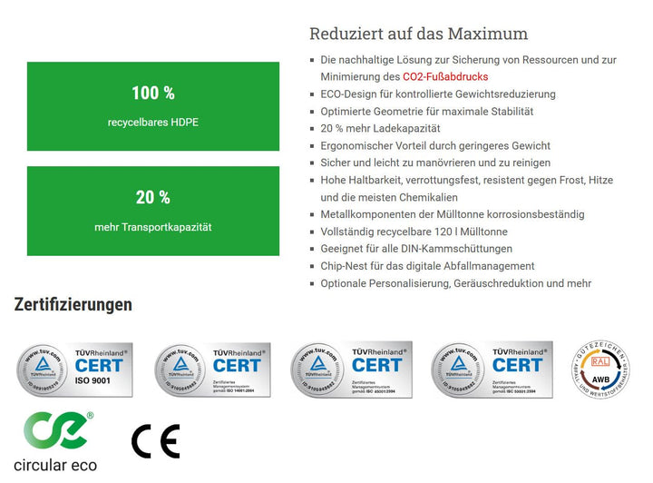 plasteo/SULO CITYBAC 120 Liter Mülltonne | Graue Tonne Blauer Deckel | MGB120 Müllbehälter Abfallton