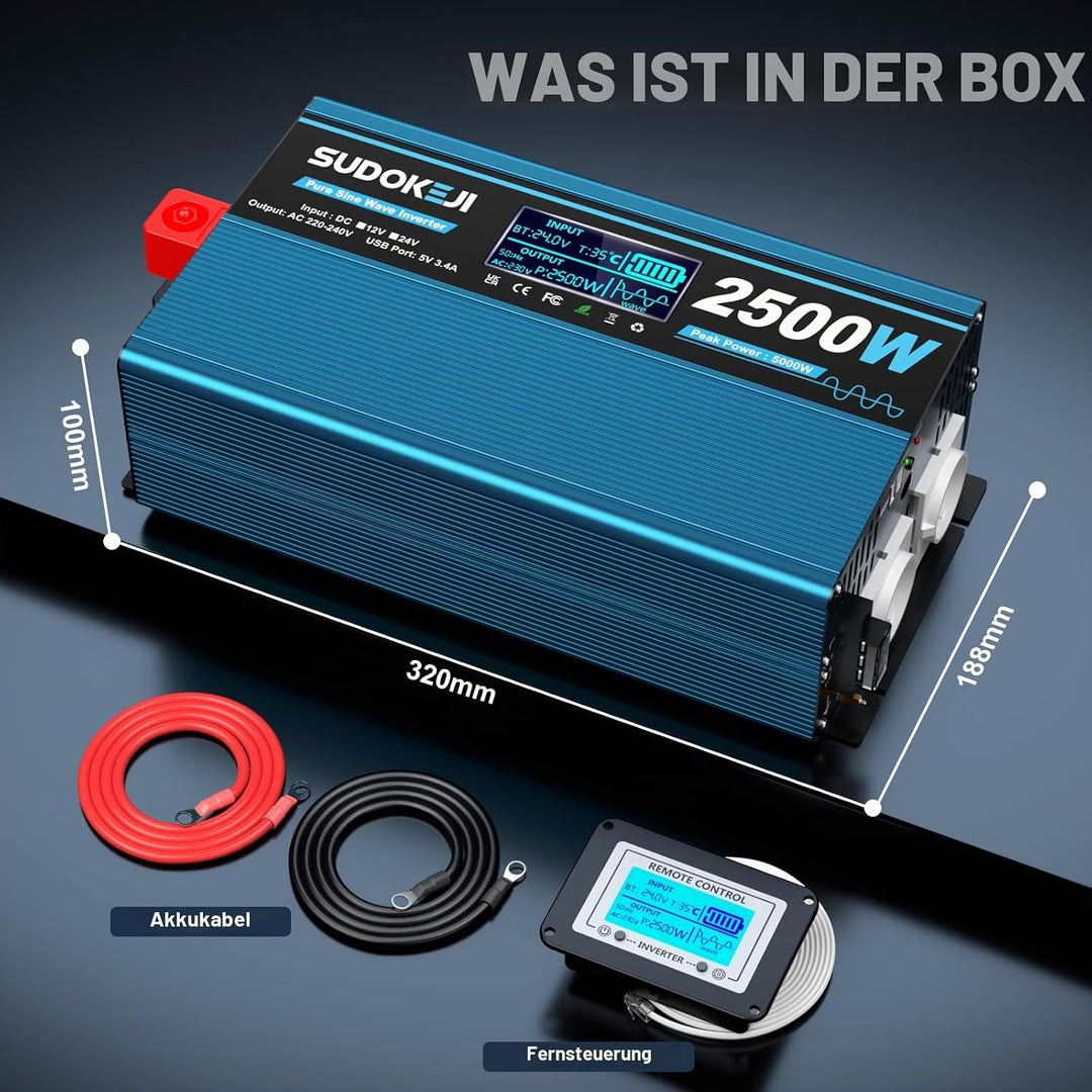 Wechselrichter 24V auf 230V Reiner Sinus 2500W Spannungswandler mit LCD-Bildschirm-Fernbedienung 2 E