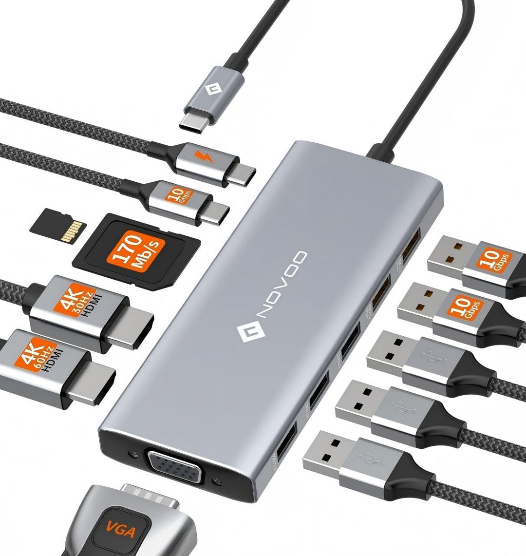 NOVOO 10Gbps USB C Hub Docking Station 2HDMI 4K@60Hz Triple Display Adapter mit VGA,USB A 3.2 & USB