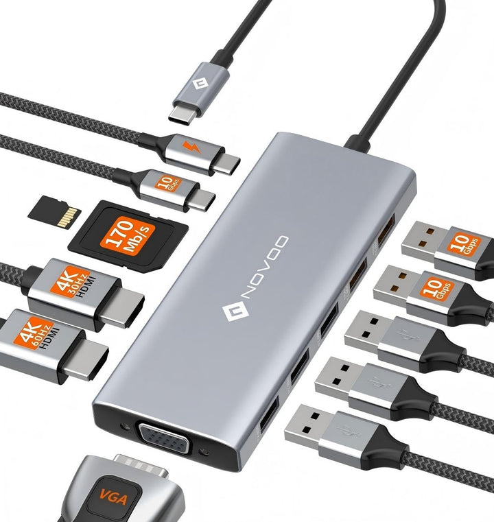 NOVOO 10Gbps USB C Hub Docking Station 2HDMI 4K@60Hz Triple Display Adapter mit VGA,USB A 3.2 & USB
