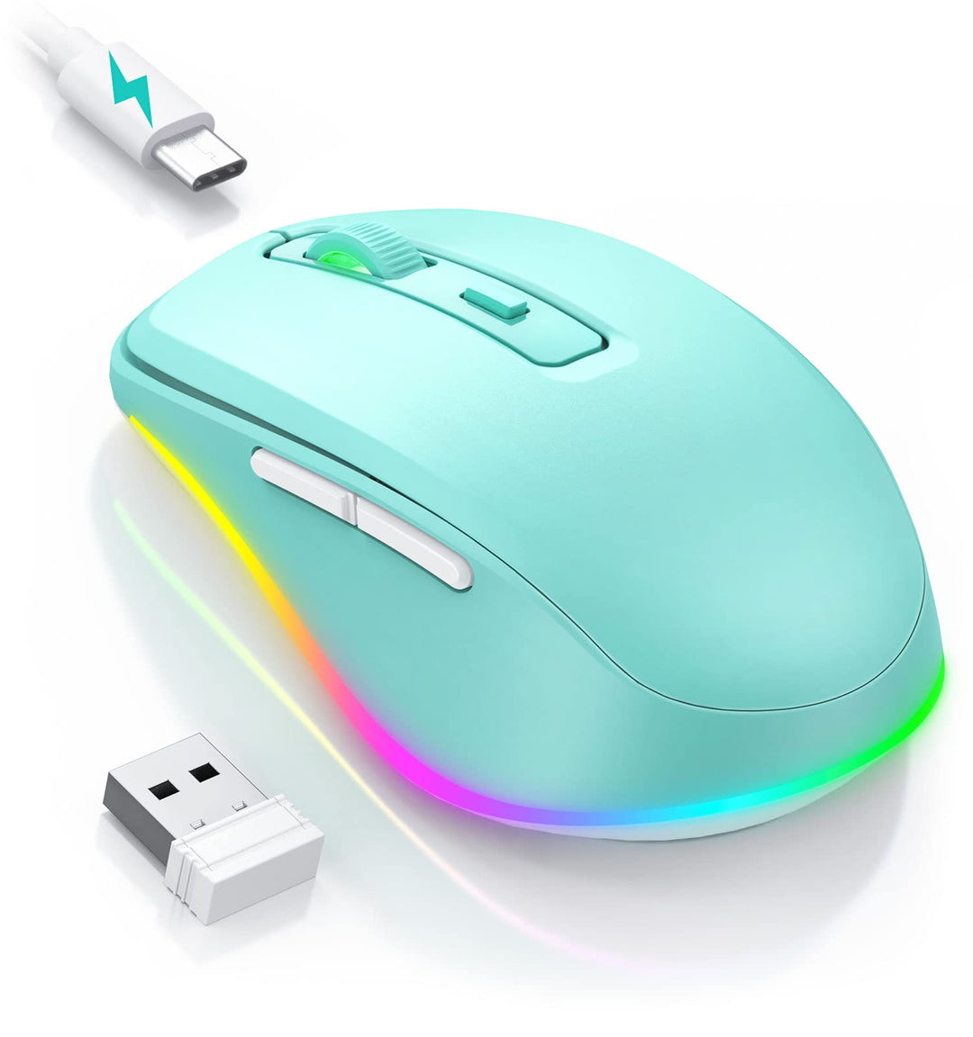 seenda Kabellose Maus mit Jiggler, RGB-Beleuchtung, 2000 DPI, Blaugrün | Wiederaufladbare 2.4G USB V
