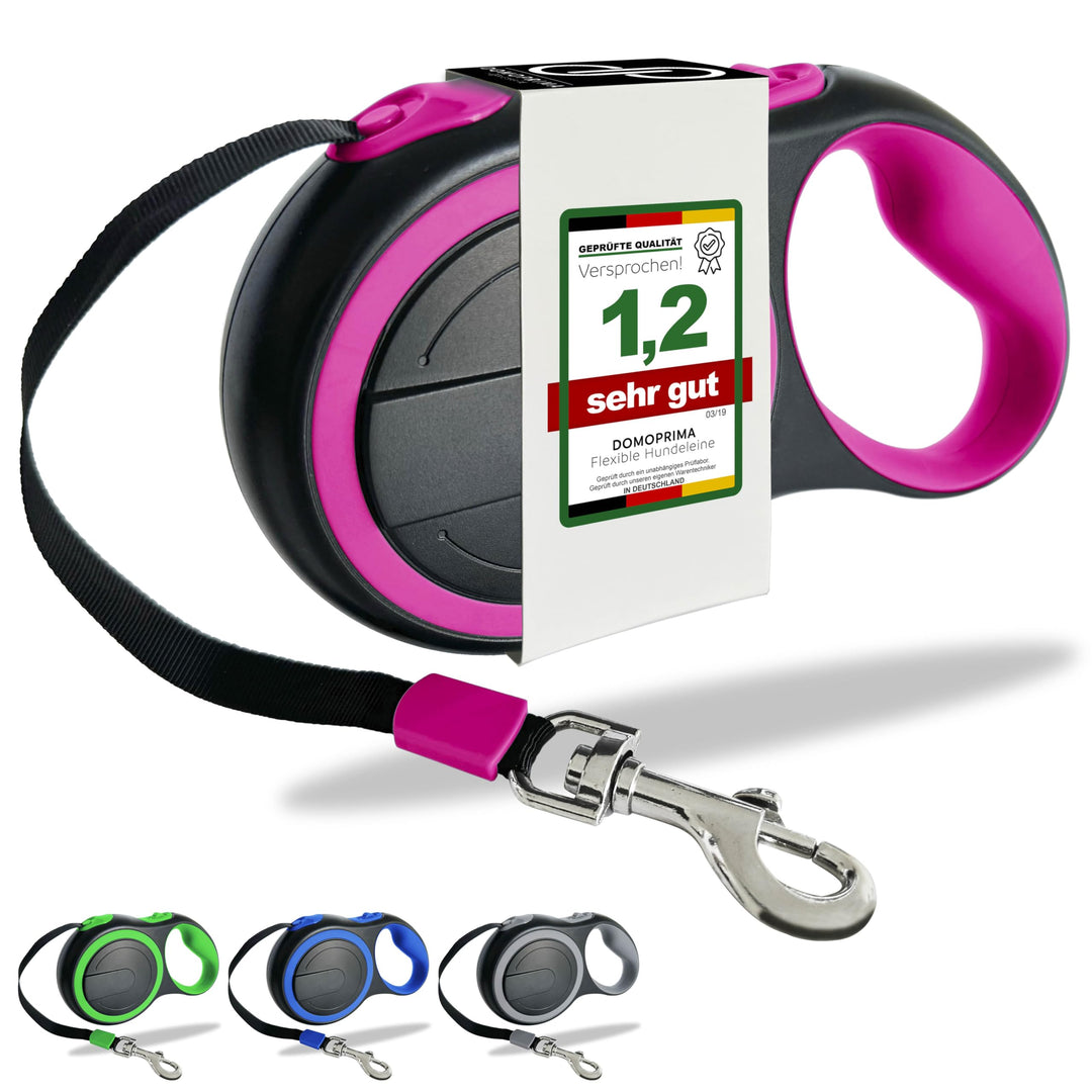 DOMOPRIMA Flexible Hundeleine 5 Meter, 3 Grössen (S,M,L), 4 Farben (grau, blau, grün, pink) - Rollle