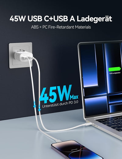TECKNET 45W USB C ladegerät, 2-Port (1 USB C+1 USB) GAN Ⅲ Netzteil mit einen USB C auf USB C Ladekab