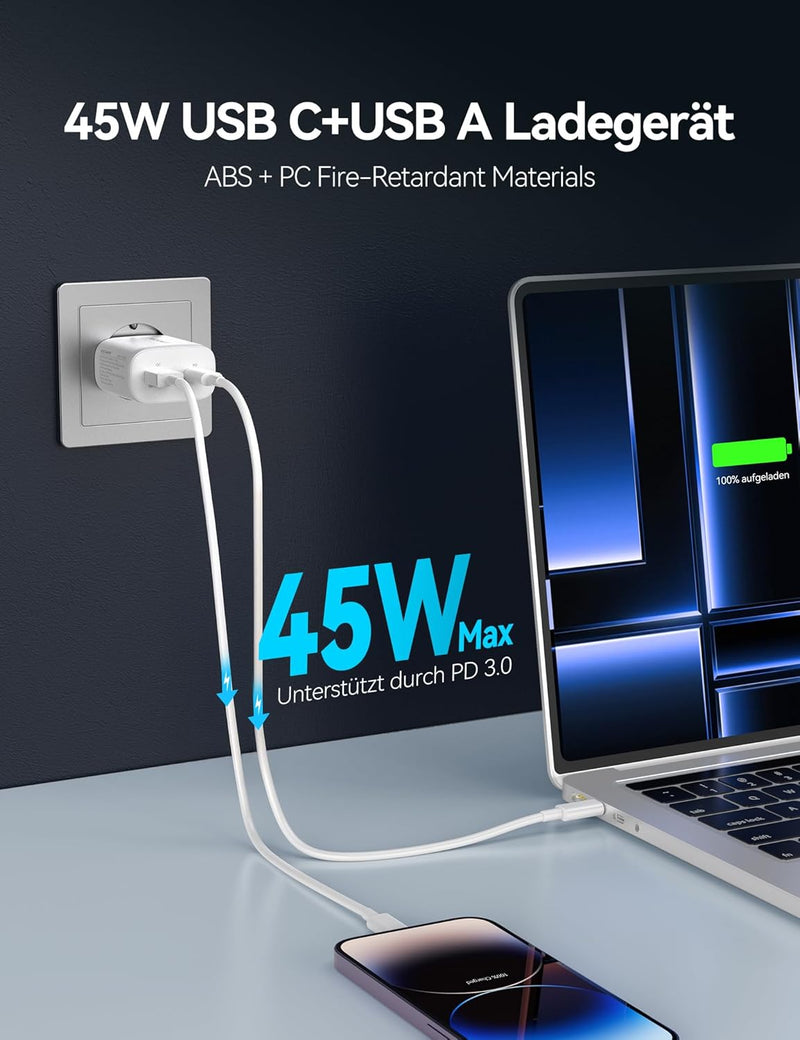 TECKNET 45W USB C ladegerät, 2-Port (1 USB C+1 USB) GAN Ⅲ Netzteil mit einen USB C auf USB C Ladekab