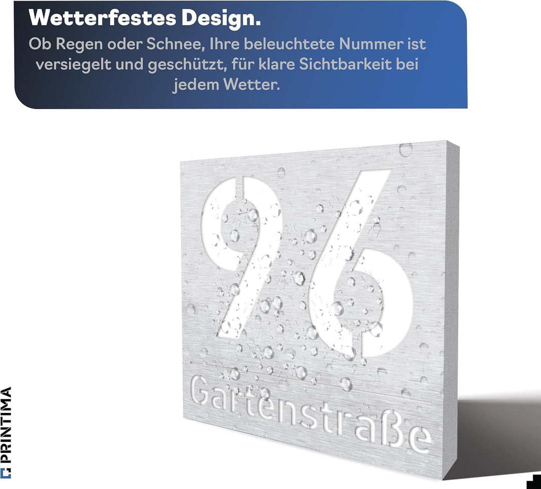 Hausnummer Beleuchtet Led 30x30cm 230V Strom Grosse aus Aluminium mit Gravur Strassenname Personalis