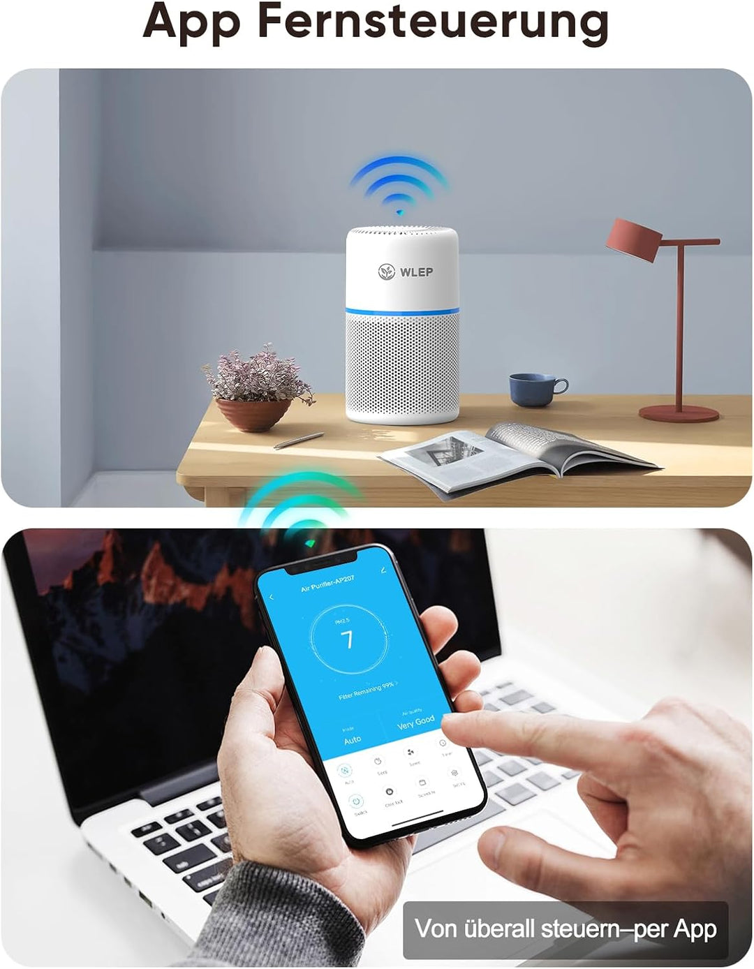 WiFi Smart Luftreiniger mit App & Alexa/Google Sprachsteuerung - 360° Luftstrom, H13 HEPA Filter (99