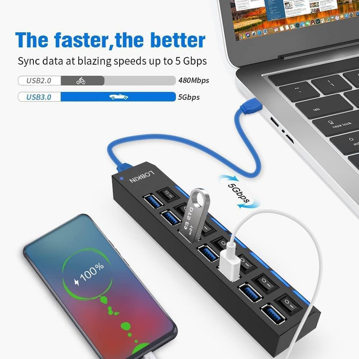 LOBKIN USB Hub 7-Port,Tragbar USB 3.0 Hub mit Einzelnen LED-Netzschaltern fur Laptop, PC, MacBook un