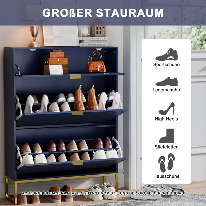 UEV Schuhschrank mit 3 Klappen schmal, 80x24x122cm Schuhkipper (Blau) | Schuhablage Platzsparend mit