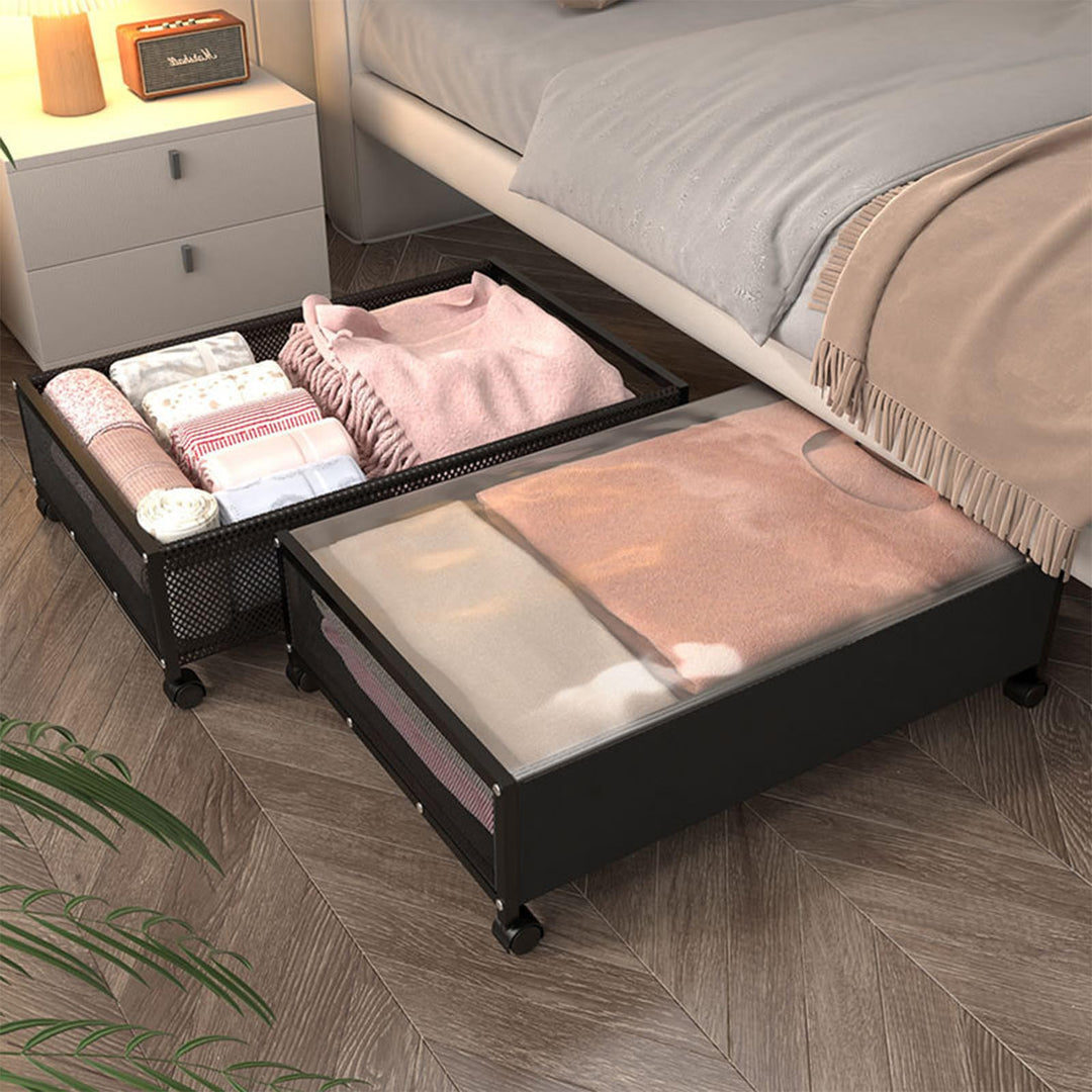 2 Stück Unterbett Aufbewahrungsbox, Unterbettkommode Mit Rollen, Bettkasten Mit Rollen, Metallrahmen