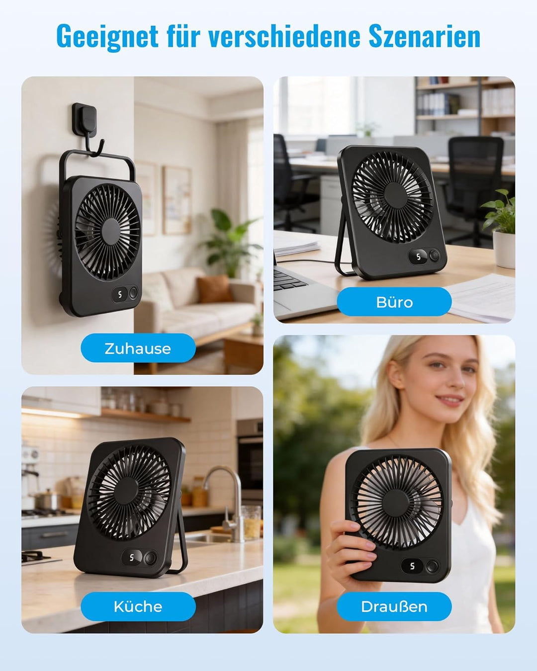 Tischventilator Kleiner - USB Ventilator mit 5 Stufen, 180° verstellbar, Ultra-Slim 3,8 cm, LED-Disp