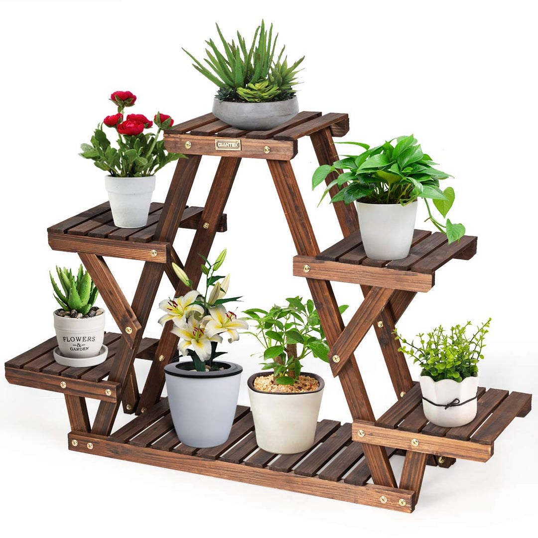 GOPLUS 6 Ebenen Blumenregal, Pflanzenregal, Blumentreppe Holz für Garten & Balkon, 99x25x64cm