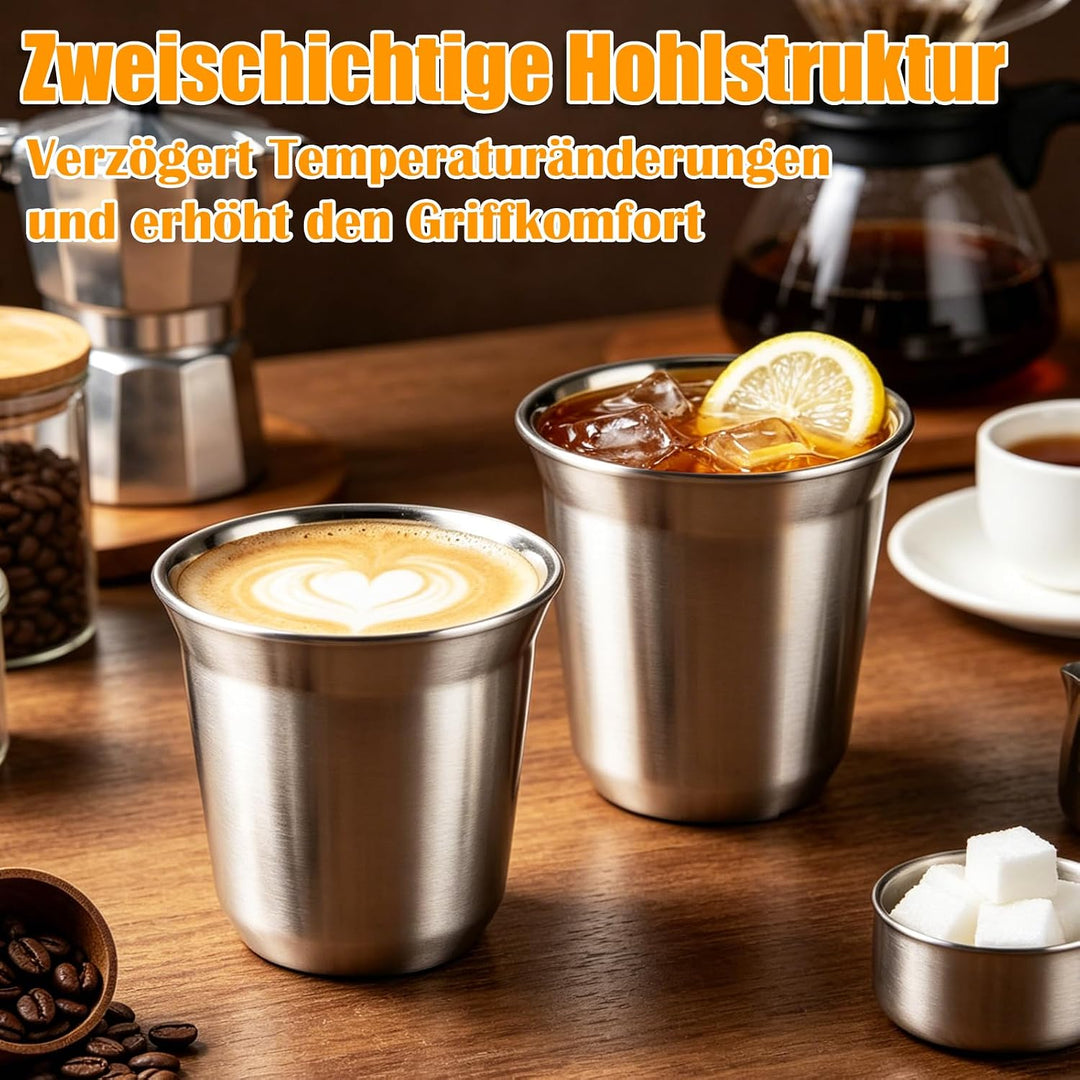 4 Stück edelstahl espressotassen espresso thermobecher tasse 80ml | Doppelwandig, edelstahl becher,