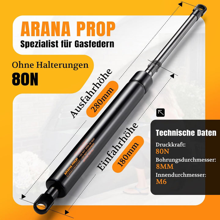 280mm 80N/8kg Gasdruckfeder Universelle M6 Ösenköpfe, 2 Stück, 280mm 80N