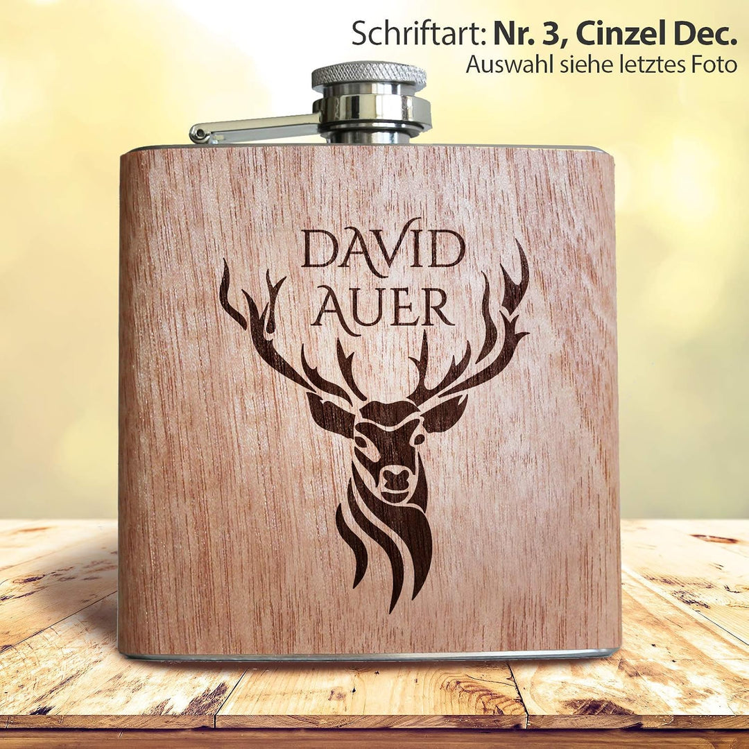 Hirsch Flachmann mit Gravur personalisiert! Männer Geschenk für Jäger. Holz Flachmann personalisierb