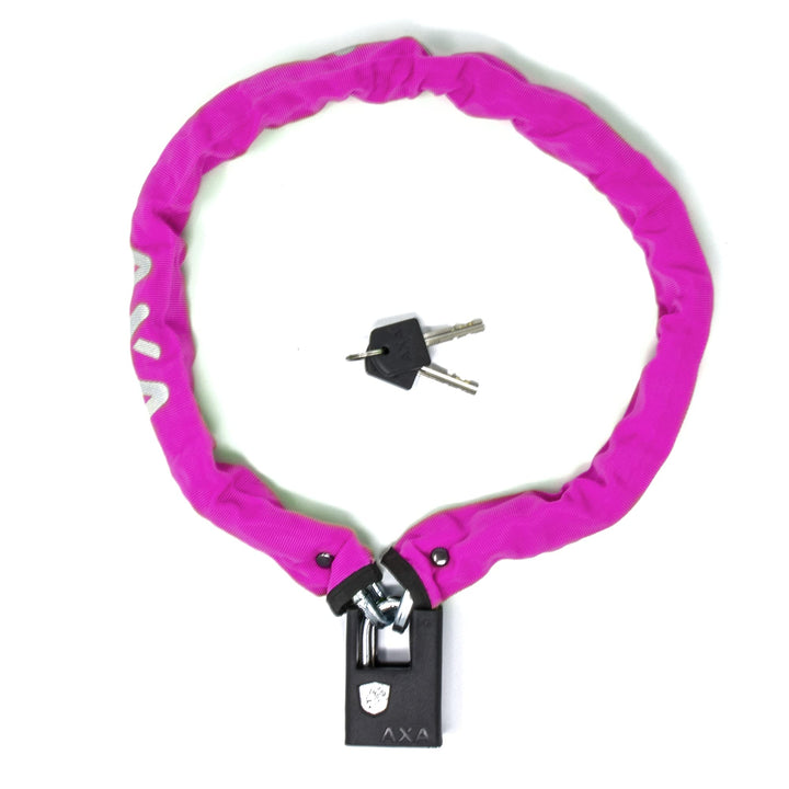 h2i Set aus AXA Kettenschloss Clinch CH85 Plus in Pink und h2i Sticker, Fahrradschloss mit Kette 85c
