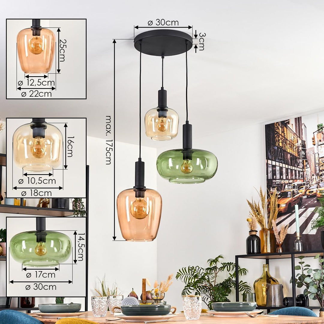HOFSTEIN Hängeleuchte Imara, 3-flammige Hängelampe aus Metall/Glas in Schwarz/Bernstein/Rosé/Grün, P
