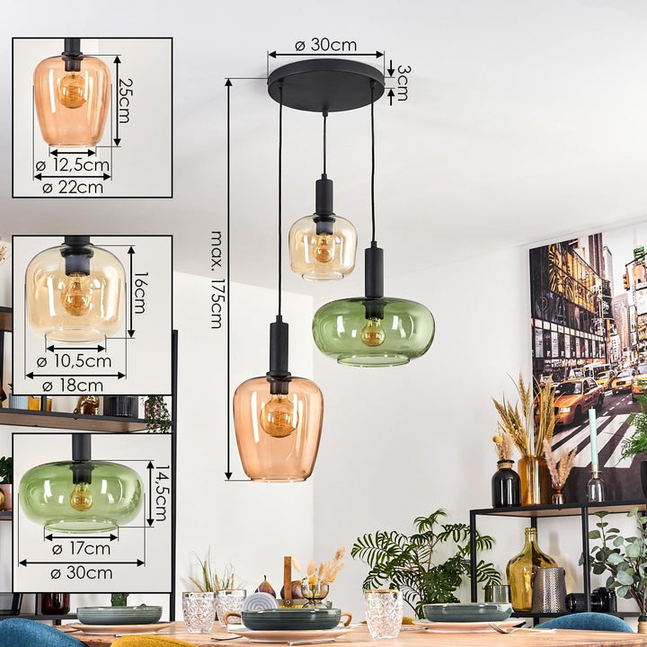 HOFSTEIN Hängeleuchte Imara, 3-flammige Hängelampe aus Metall/Glas in Schwarz/Bernstein/Rosé/Grün, P