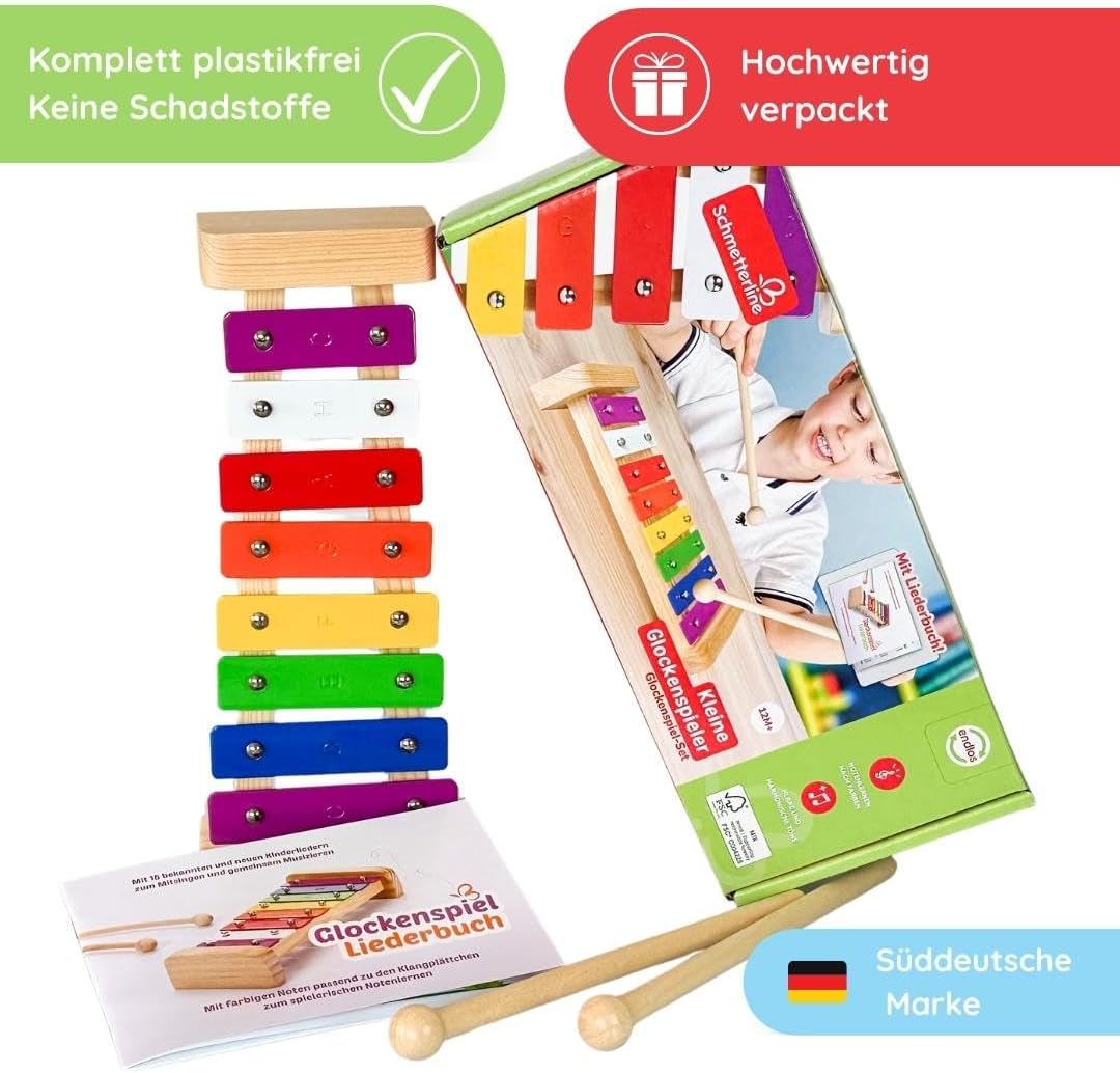 SCHMETTERLINE | Harmonisches Xylophon für Kinder aus Holz mit Notenheft | Glockenspiel und Liederbuc