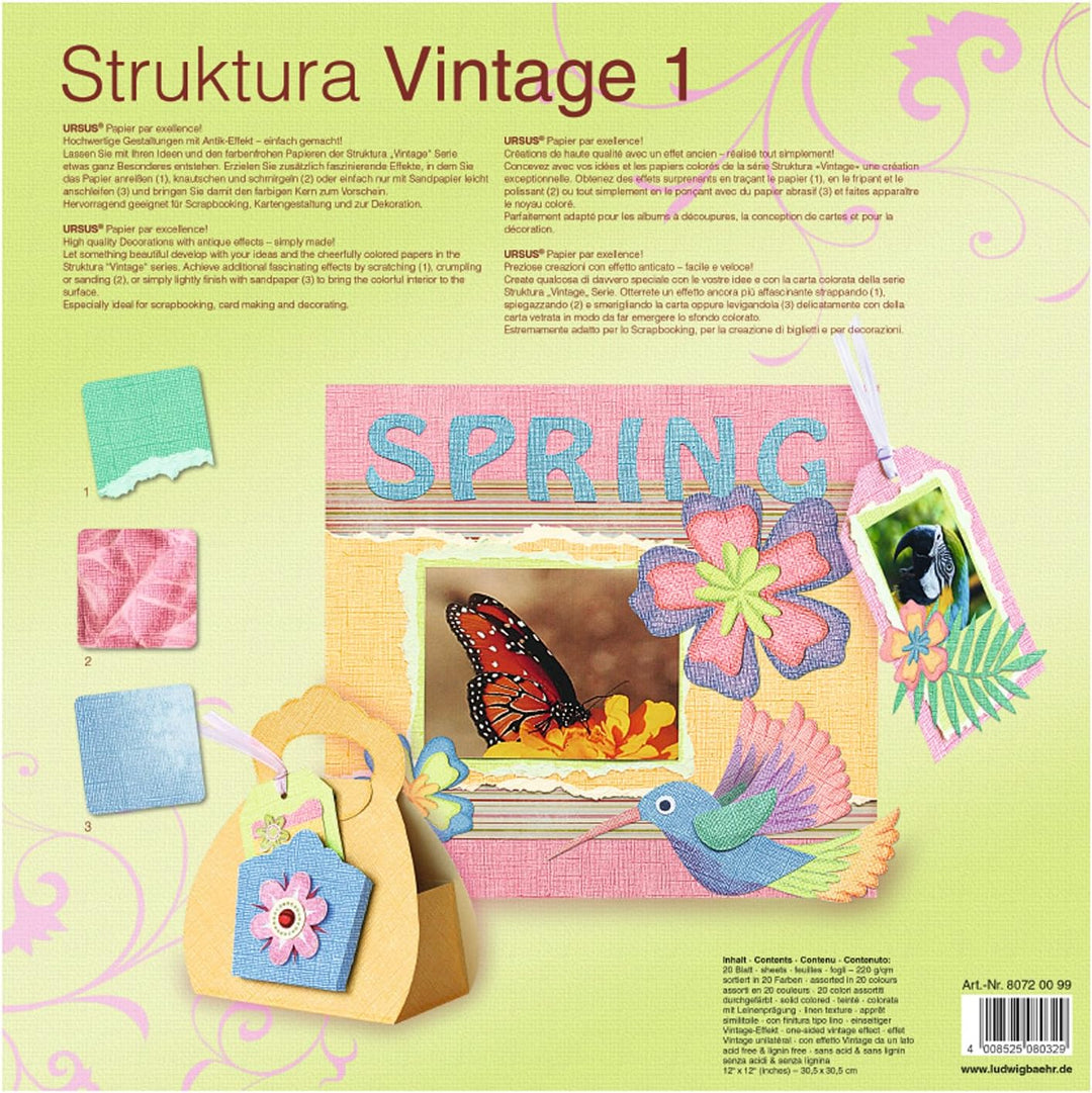 Ursus 80720099 - Scrapbook paper Block, Struktura Vintage 1, ca. 30,5 x 30,5 cm, 220 g/qm, 20 Blatt