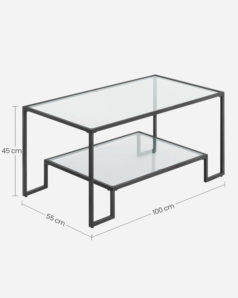 VASAGLE Couchtisch, Glastisch, Wohnzimmertisch, 2 Ablagen aus Hartglas, Stahlgestell, 55 x 100 x 45