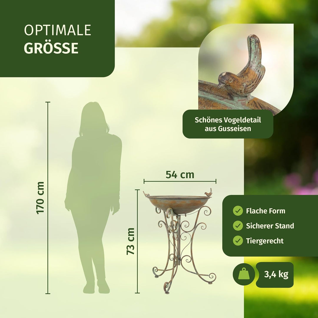 Moritz Vogeltränke XL Vogelbad antik grün mit kleinem Vogel auf der Wasserschale Höhe 73cm stehend V