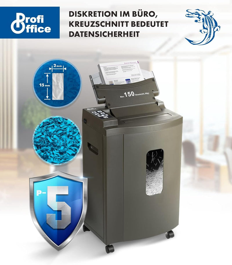 Profi Office Auto Feed Aktenvernichter Partikelschnitt P-5 Alligator - 150 Blatt gleichzeitig, extre