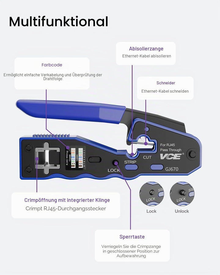 VCE GJ670BL Professionell Netzwerk Werkzeug RJ45 Crimpzange Netzwerkkabelzange
