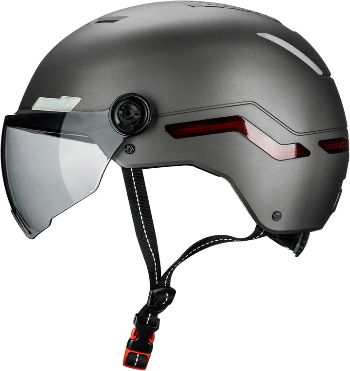 ILM Fahrradhelm Herren Damen mit Visier und LED Licht Beleuchtung Automatischem G-Sensor für Blinker